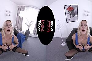 Blonde with big tits and shaved pussy masturbates in office POV taboo scene.