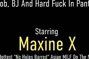 Busty beauty Maxine X milks hubby with footjob