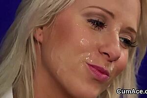 I am the hot bombshell getting cumshot on my face while sucking all the jizz.