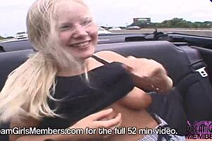 Hot blonde rides topless in convertible!