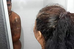 Mature latina milf mother-in-law interrupts bathroom for hardcore blowjob