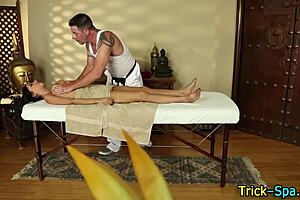 Pretty Brunette Babe With Piercing Gives Detailed Handjob During Massage