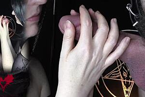 Mistress sucks cock to satisfy baphomet in close-up