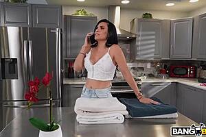 Feeling intense pleasure as the Latina brunette chooses between dildo and stepson for a passionate cumshot