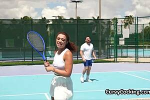 Curly ebony spinner eagerly mounts big cock after tennis match