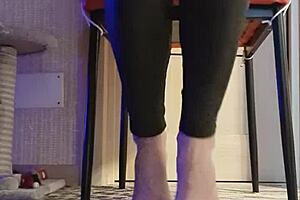 Dirty slut fingers herself in black leggings shower.