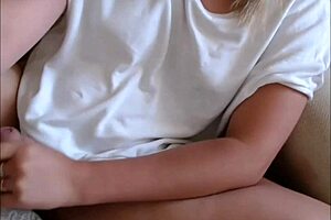 blonde transsexual cums on herself on live cam