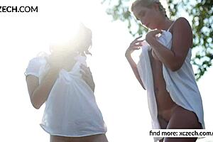 Amazing Czech Teens Flash Shaved Pussy And Tits Outdoors In Sunset 😍 Teasing Hairless Ass