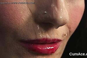 Horny doll takes a bold cumshot on her face and swallows all the jizz