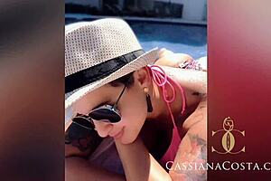 Blonde Cassiana Costa blows big tits on beach with cumshot fetish