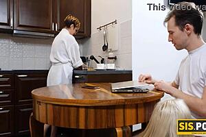 Russian blonde teen rides stepbrother cowgirl after sneaky blowjob in reality scene.