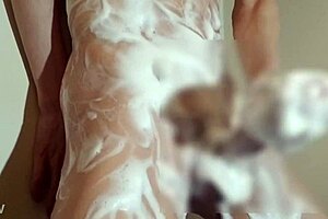 japanese guy strips naked in bathroom for solo play and release. just raw fun.