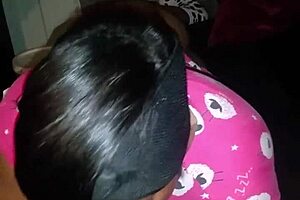 Ebony amateur gives sloppy blowjob to monster cock at bedtime