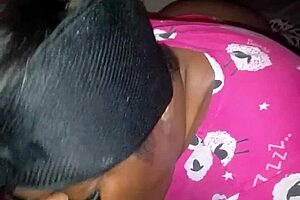 Ebony amateur gives sloppy blowjob to monster cock at bedtime