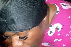 Ebony amateur gives sloppy blowjob to monster cock at bedtime