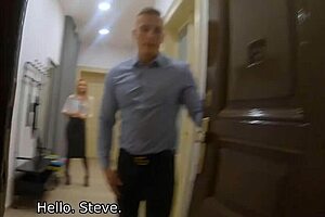 Blonde nymph casually satisfies client while boyfriend watches