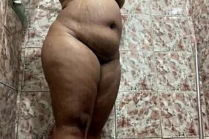 Hidden Filming Of Shaved Brunette In Shower, Big Ass And Monster Cock Orgasm