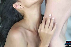 Petite Asian and Russian teen lesbians pose naked outdoors.