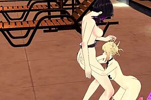 Toga Shinobu gives a blowjob with her big tits in hentai halloween