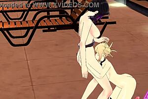 Toga Shinobu gives a blowjob with her big tits in hentai halloween