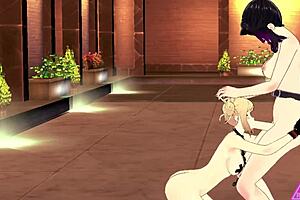 Toga Shinobu gives a blowjob with her big tits in hentai halloween