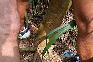 farm worker and bricklayer assistant getting intimate in the woods