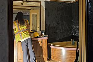 hey, check out this pretty brunette contractor caught masturbating on the job