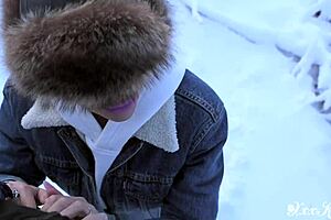 Blonde sexy slut gives pov blowjob, cum in mouth, facefuck outside in public snow, deepthroat throbbing creampie close up