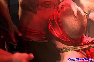 Latin muscle jock haply sodomised by a blonde masked man during gay hardcore orgy fuck party