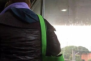 Chubby Girl's Brown Nylon Jacket Touched Candidly on Street