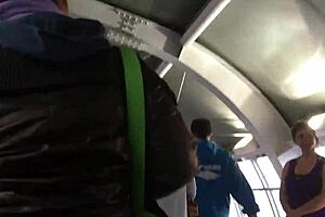 Chubby Girl's Brown Nylon Jacket Touched Candidly on Street