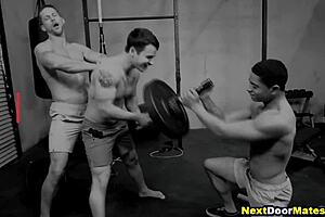 muscular jocks threesome gay sex after workout