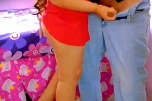 wife in red dress gets fucked while a voyeur watches and joins for creampie, real amateur threesome