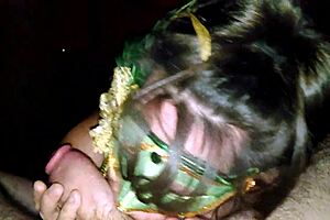 Milf in green mask licks and sucks thick cock passionately!