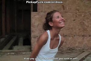 slim girl hints at showing tits and ass for cash outdoors