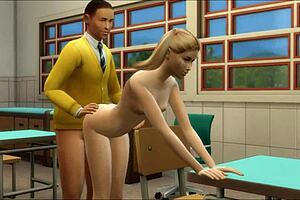 Does the teacher lick his blonde student's pussy?