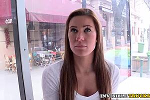 so this beautiful babe gives blowjob in public truck, then gets bent over for doggystyle and cumshot.