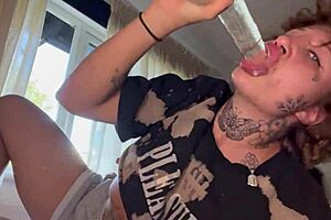 tatted girl gives rough blowjob until she cries, then sucks dildo