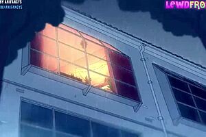 rule 34 hentai depicts blowjob threesome with group cumshots in anime style