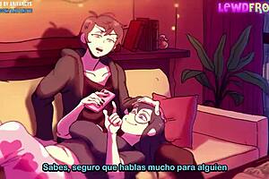 rule 34 hentai depicts blowjob threesome with group cumshots in anime style