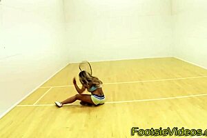 Babe's big tits footjob cumshot