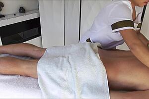 asian masseuse in uniform gives huge orgasm during oiled massage