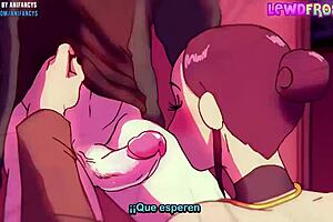 rule 34 hentai depicts blowjob threesome with group cumshots in anime style