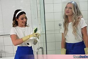 Cute teens feel bored cleaning, so I offer my cock