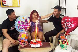 Hey, stepmother, enjoy your birthday surprise: two huge cocks fucking your big ass!