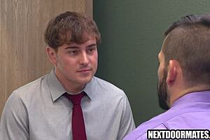 Gay hunks in office argue over promotion, leading to blowjob, rimjob, and bareback sex