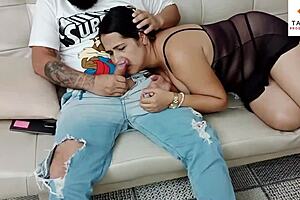 The massage to my stepmother got out of control, she starts with a handjob, then deepthroats my monster cock, leading to squirting