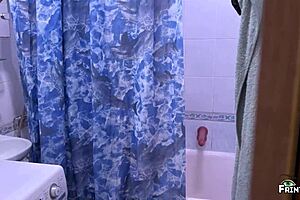 The stepson spies on his stepmom bathing in the shower. She sucks two dicks and gets a creampie.