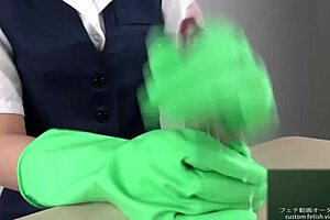 asian beauty gives sensual handjob in latex gloves on display