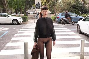 Milf in seamless pantyhose flashes outdoors without skirt